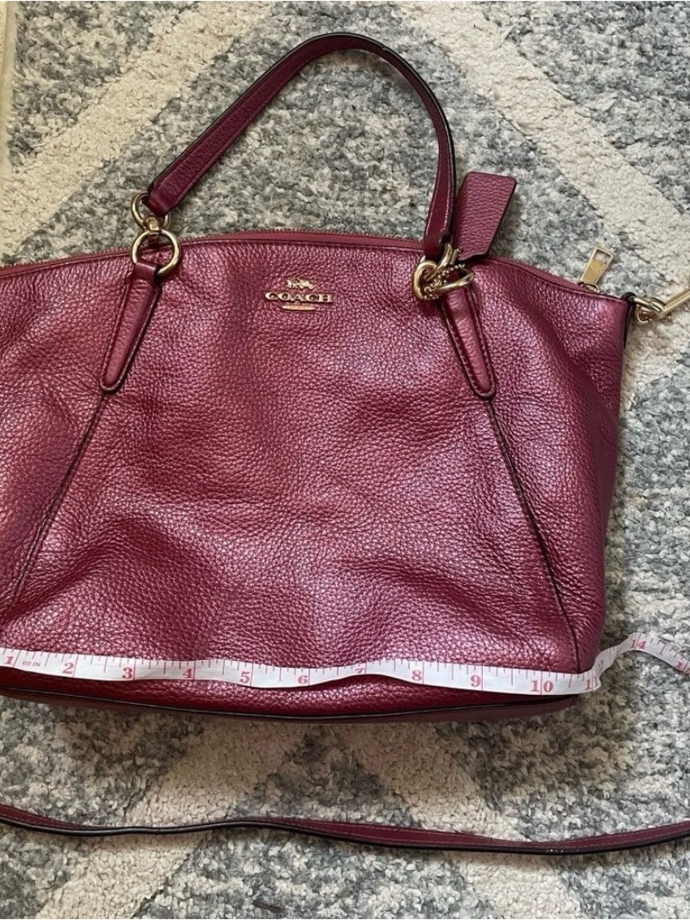 Coach Kelsey Metallic Pebbled Leather Shoulder Crossbody Rose Burgundy Gold Bag - Picture 15 of 15